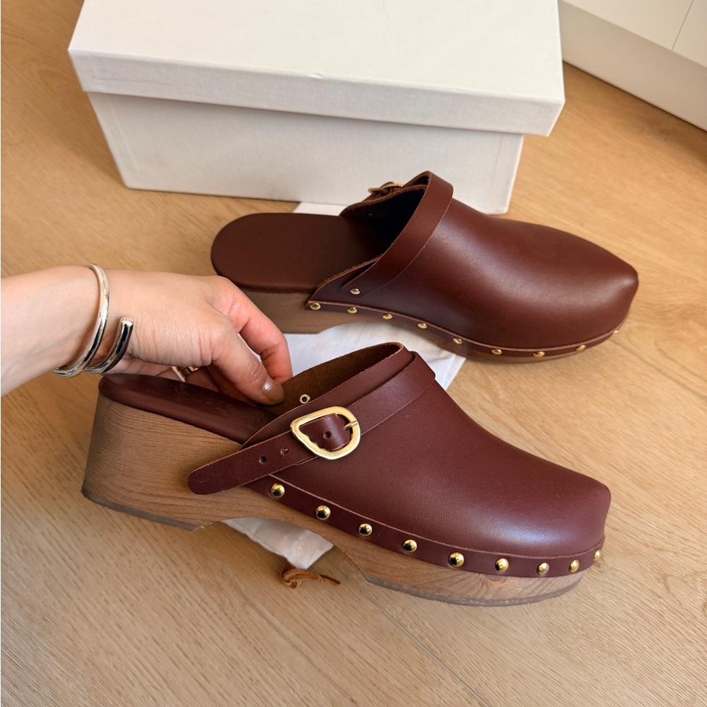 Ancient Greek Sandals - 38/7.5 - Brown Leather Clog Mules with Gold Stud Detail